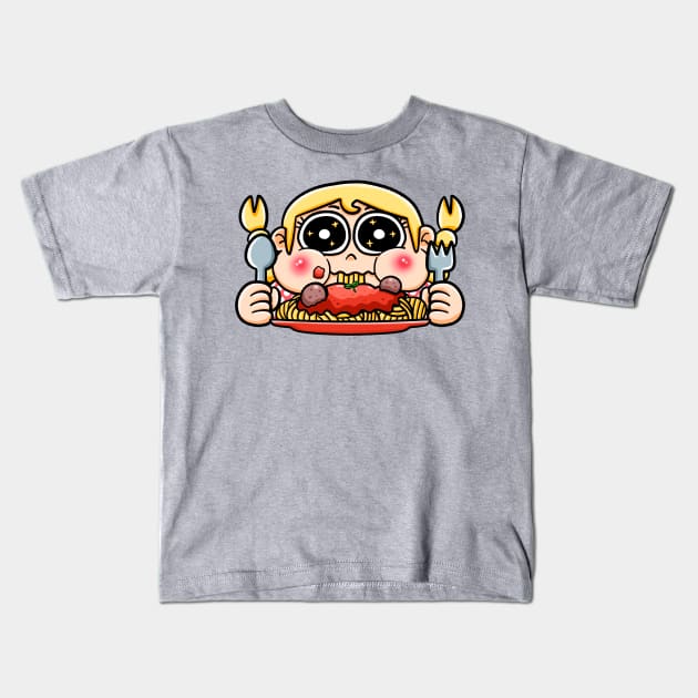 Girl eating spaghetti and meatballs Kids T-Shirt by bubboboon